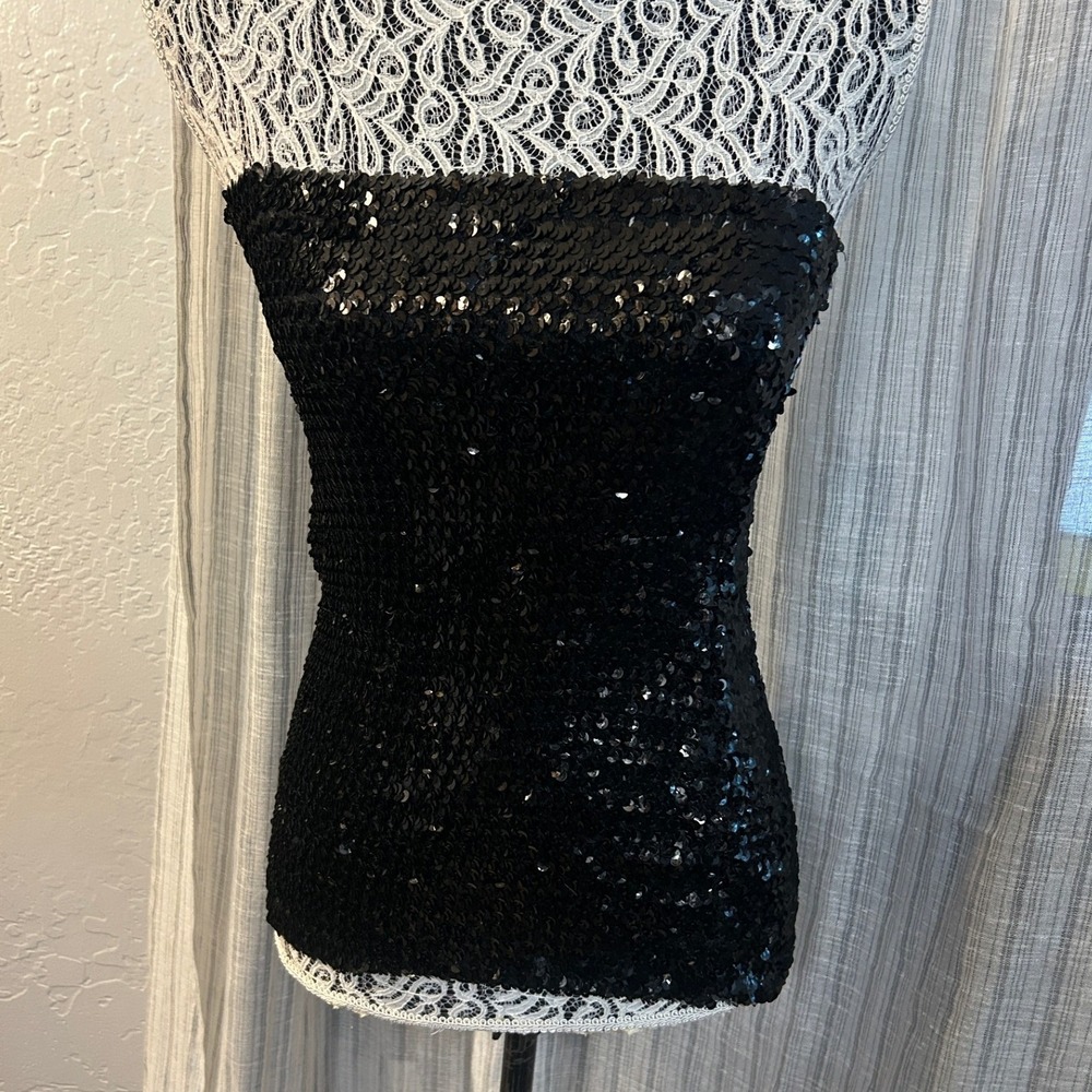 Express Strapless Tube Top Womens S Black Sequin Y2K Party Glam Made USA Shimmer